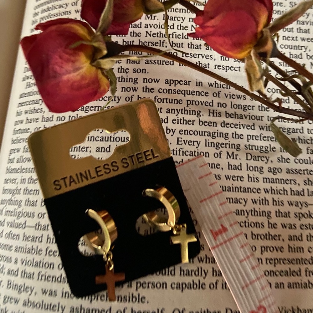 Stainless Steel Gold hoop with cross earrings